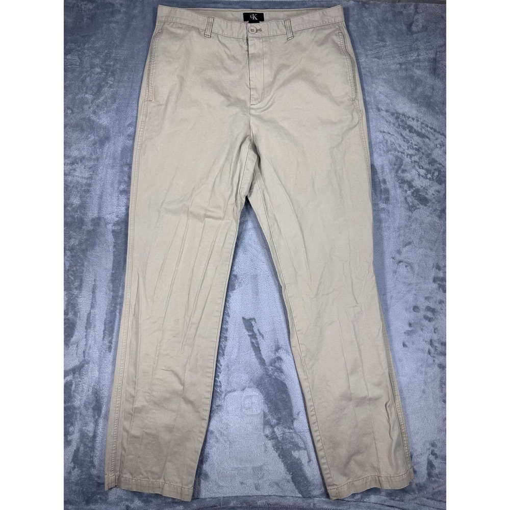 Calvin Klein Mens Chino Pants 34x34 Khaki Tan 100% Cotton Straight Leg Trousers